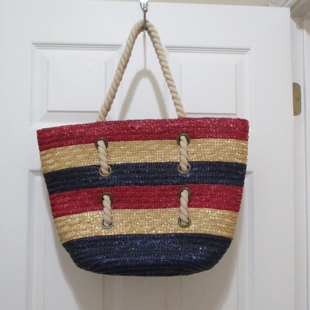 Summer Tote Red White Blue Wheat Straw Raffia Rope Handle Beach Pool Shopping